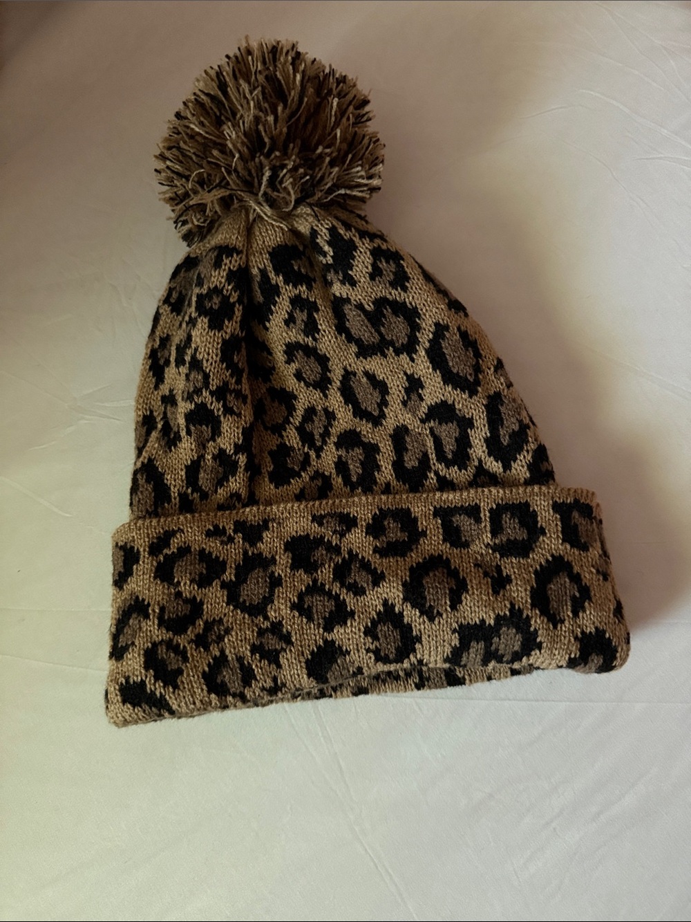 Kids Leopard Print Pom Beanie Hat - Brown